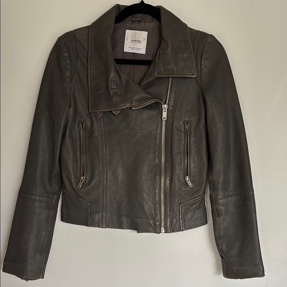 Mango Women's Warm Gray Leather Jacket